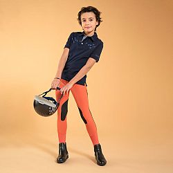 FOUGANZA Detské jazdecké nohavice s kolennými nášivkami 500 Mesh terracotta oranžová 8 rokov