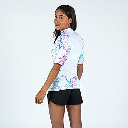 OLAIAN Dievčenské tričko 500 Palm proti UV žiareniu s krátkym rukávom na surf biele viacfarebná 10-11 r (141-148 cm)